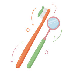 An illustration of a toothbrush with toothpaste and a dental mirror for oral hygiene.