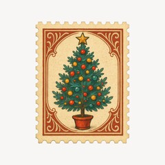 Vintage Christmas tree stamp illustration.