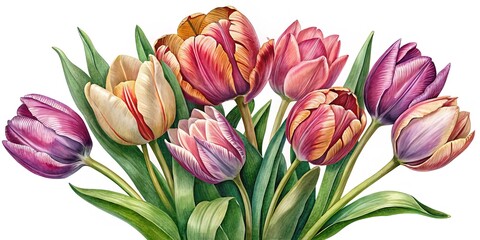Fototapeta premium Elegant Bouquet of Tulips in Watercolor Style on a White Background