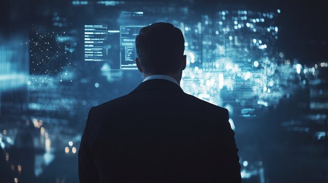 CRM (Customer Relationship Management) for business sales development and digital marketing system concept. Businessman interacting with virtual screen for CRM database analysis, customer support