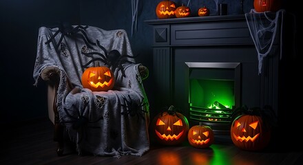 Eerie room decorated for a Halloween celebration with carved pumpkins and spooky decor