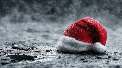 Lonely Santa Hat in Rain Captures Winter's Melancholy Mood in Urban Setting