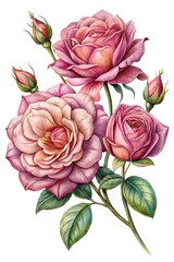 Beautiful watercolor illustration of pink roses with delicate petals and buds