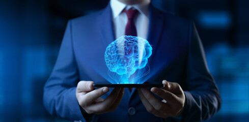 Businessman Holding Smartphone Phone with Human Brain Hologram - Futuristic Concept of Intelligence, science and mind