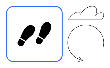 Black footprints in a square box border paired with a cloud above a circular arrow. Ideal for sustainability, progress, renewable energy, eco-friendly projects, recycling, green innovation