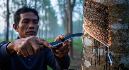 Thai rubber tapping technique thailand action shot natural setting close-up view