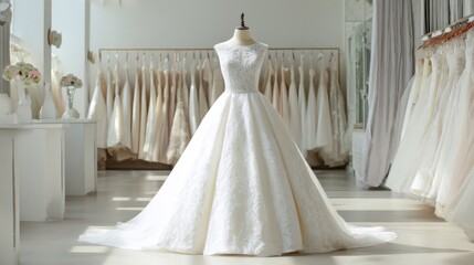 Elegant wedding dress on a mannequin displayed in a boutique