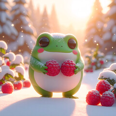 Whimsical Frog in a Winter Wonderland: A cheerful frog with rosy cheeks and a delighted expression embraces the festive season, holding ripe raspberries amidst a snowy landscape.