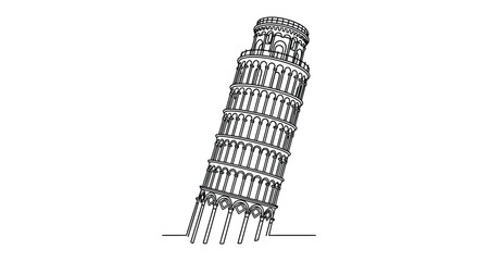 The iconic leaning tower of pisa rendered as a detailed black and white line art silhouette against a plain background silhouette © MIRAJ02