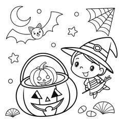 Halloween Coloring Page for Kids with spooky fun cute outlines on White Background, black and white coloring page