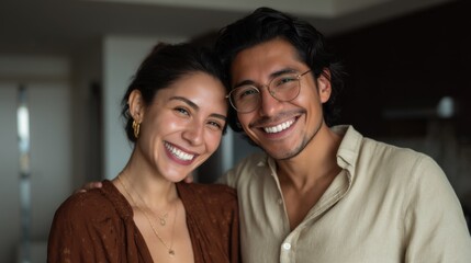 A happy couple smiling brightly, sharing a moment of joy and connection. The image showcases the warmth of their relationship and the happiness they feel together