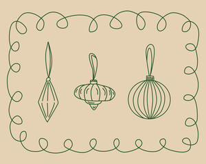 Hand drawn decorative vector doodle Christmas balls and whimsical frame on beige background.