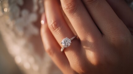 A close-up shot of a hand wearing a sparkling diamond engagement ring, radiating love and commitment. The ring's intricate details and dazzling brilliance are beautifully captured