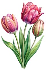 Fototapeta premium Elegant Watercolor Illustration of Three Colorful Tulips in Full Bloom on White