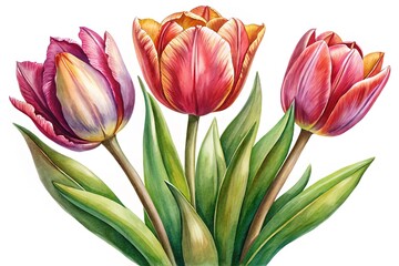 Watercolor painting of three beautiful colorful tulips with vibrant green leaves