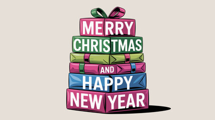 Stack of christmas presents with merry christmas and happy new year message
