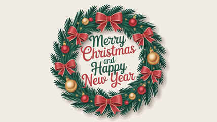 Merry christmas and happy new year festive wreath with red bows and ornaments