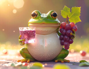 Frog's Refreshing Delight: An endearing frog holds a glass of sparkling drink in one hand and a cluster of ripe grapes in the other, celebrating a sunny afternoon of nature's simple joys.