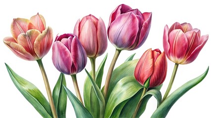 Beautiful watercolor painting of assorted colorful tulips, artistic botanical illustration against white
