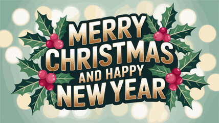 Merry christmas and happy new year greeting with holly and bokeh lights