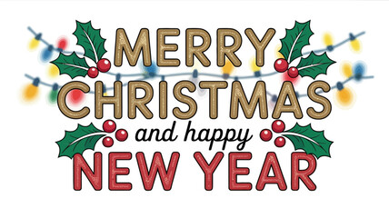 Merry christmas and happy new year text with festive lights and holly