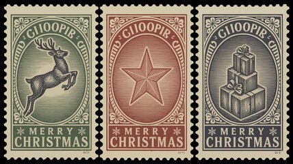 Vintage christmas stamps featuring reindeer star and gift illustrations