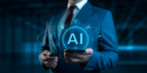 Businessman Holding smartphone with AI Artificial Intelligence Icons on Screen
