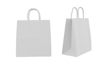 White paper shopping bags front and angle view. Realistic mockup of blank packet with handles isolated on white background. Template for corporate design on cardboard bag, 3d rendering