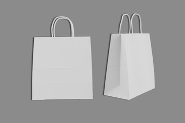 White paper shopping bags front and angle view. Realistic mockup of blank packet with handles isolated on white background. Template for corporate design on cardboard bag, 3d rendering