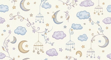 Illustration of seamless pattern with moon, cloud and stars isolated on white background