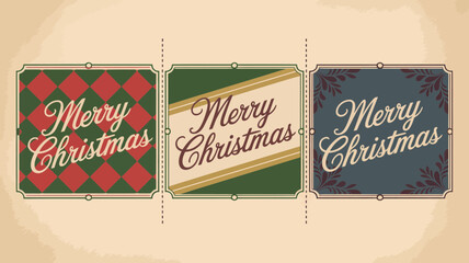 Three retro merry christmas greetings with vintage patterns