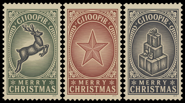Vintage christmas stamps featuring reindeer star and gift illustrations - Powered by Adobe