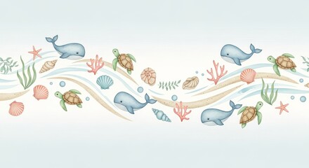 Illustration of watercolor seamless border with whale, turtle, shell and coral on white background