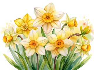 Fototapeta premium Watercolor Daffodil Bouquet in Pastel Yellows and Greens for Springtime Elegance