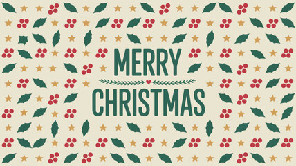 Merry christmas text with festive holly berries and stars pattern