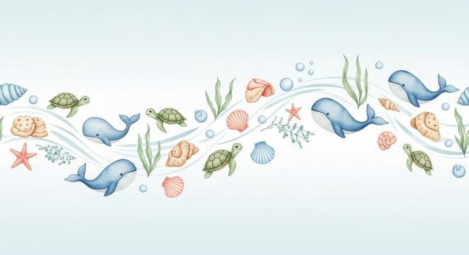 Illustration of watercolor sea life border with whales, turtles, shells isolated on white background
