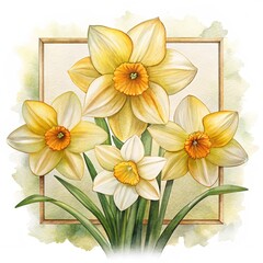 Fototapeta premium Watercolor Daffodils in Wooden Frame Depicting Springtime Charm and Floral Beauty
