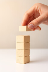 Illustration of hand placing wooden block on top of stack isolated on white background