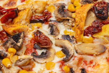 Close-up view of a delicious pizza topped with mushrooms, corn, and sun-dried tomatoes, showcasing the vibrant colors and textures of fresh ingredients, perfect for food photography.