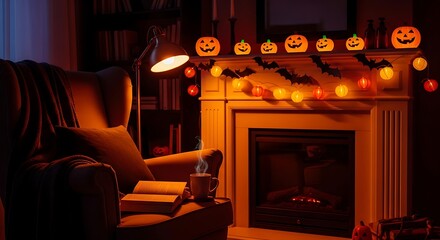 Cozy Halloween Scene Armchair by Fireplace with Pumpkin Garland and Glowing Ambience
