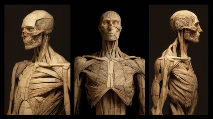 Naklejka premium Detailed anatomical study, focusing on the human body's skeletal and muscular systems, showcasing the complexities