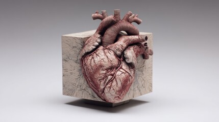 A human heart sculpture is showcased on a unique cube structure, with a focus on anatomy
