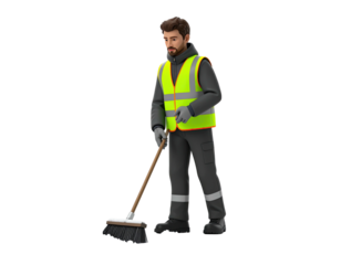 Young male street cleaner in uniform with a push broom isolated on white background.