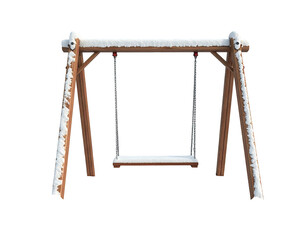 Rustic wooden log swing set covered in snow isolated on a white background.