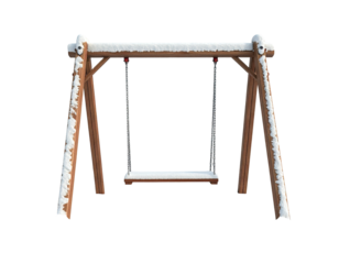 Rustic wooden log swing set covered in snow isolated on a white background.