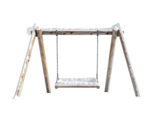 Empty wooden swing set covered in snow isolated on white.