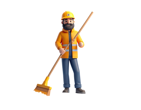 Smiling 3D construction worker character with a beard holding a broom.