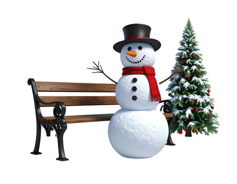 A cheerful snowman with a top hat and red scarf next to a park bench and a Christmas tree.