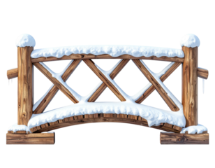 Rustic arched wooden log bridge covered in fresh white snow isolated on a white background.