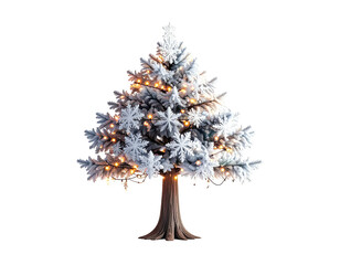 Obraz premium Snowy artificial Christmas tree with lights and snowflake ornaments isolated.
